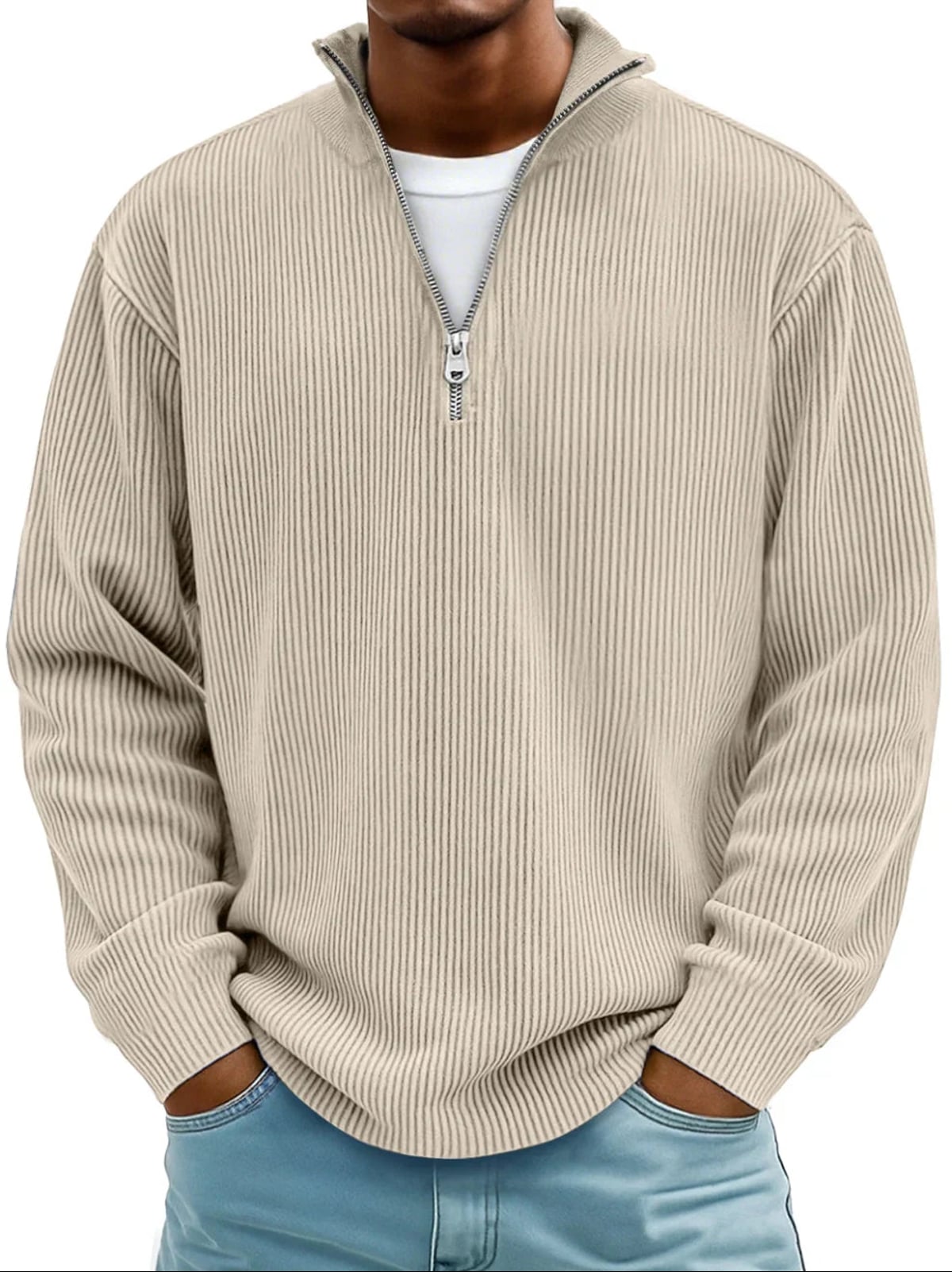 men's half zip ribbed pullover sweater in khaki