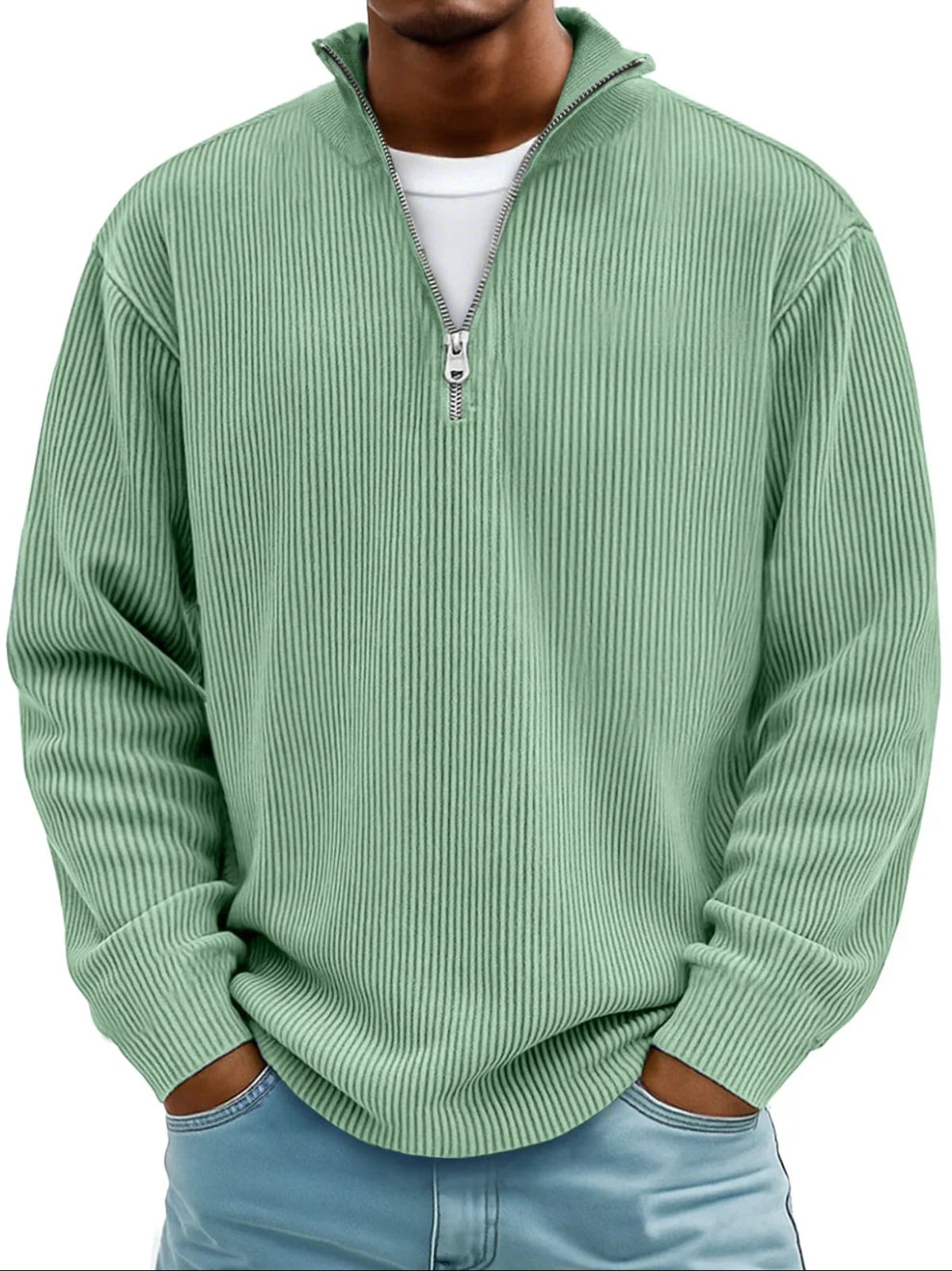 men's half zip ribbed pullover sweater in green