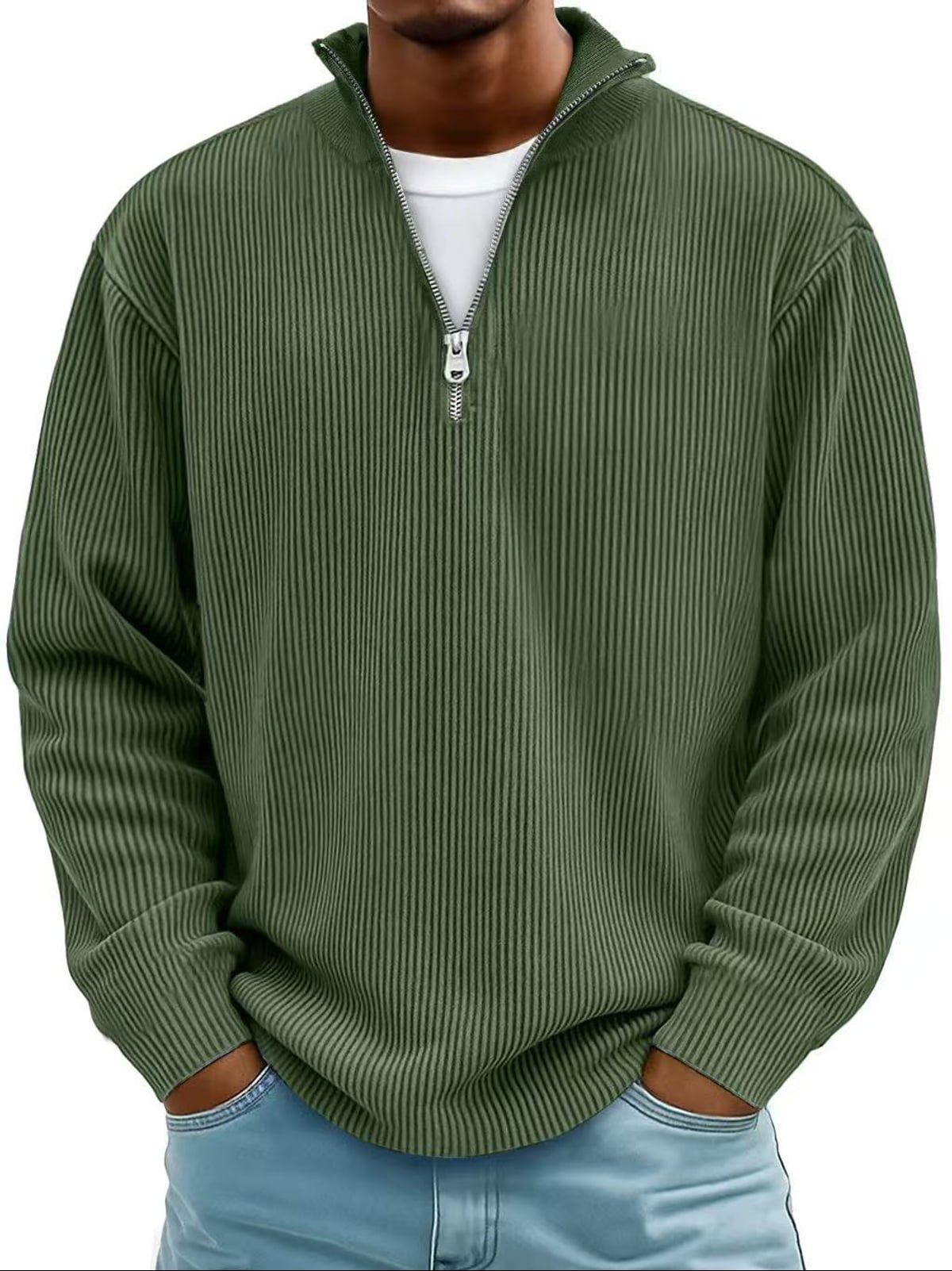 men's half zip ribbed pullover sweater in army green