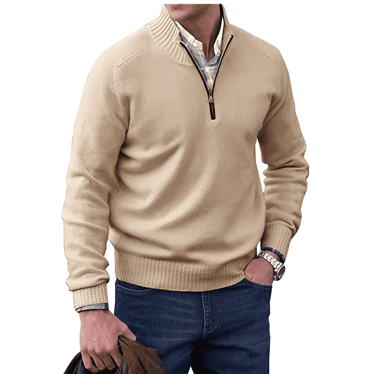 men's half zip sweater in beige