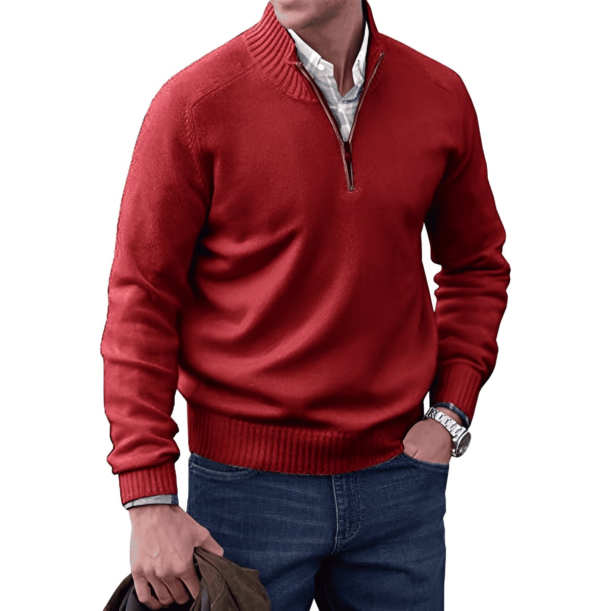 men's half zip sweater in red