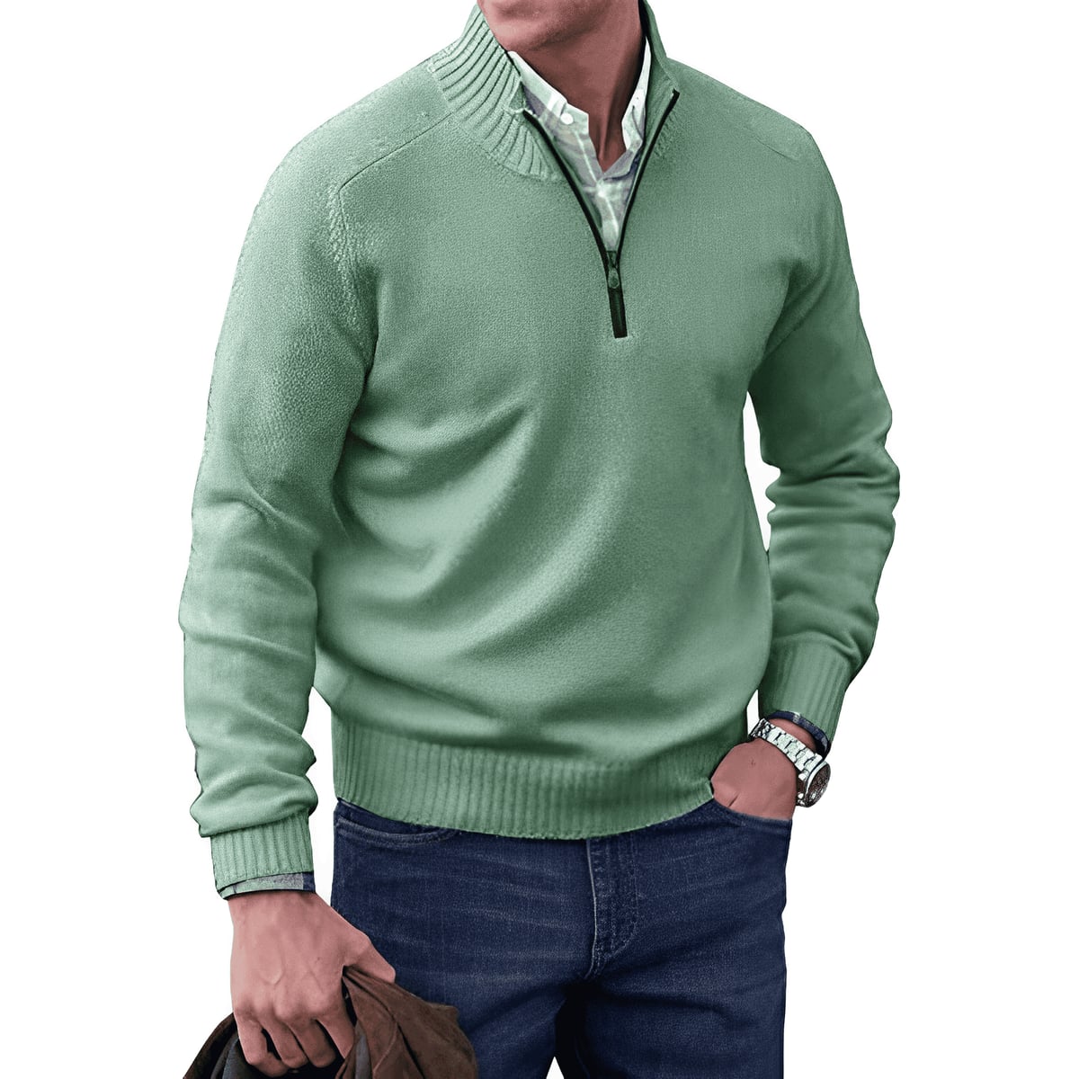 men's half zip sweater in green