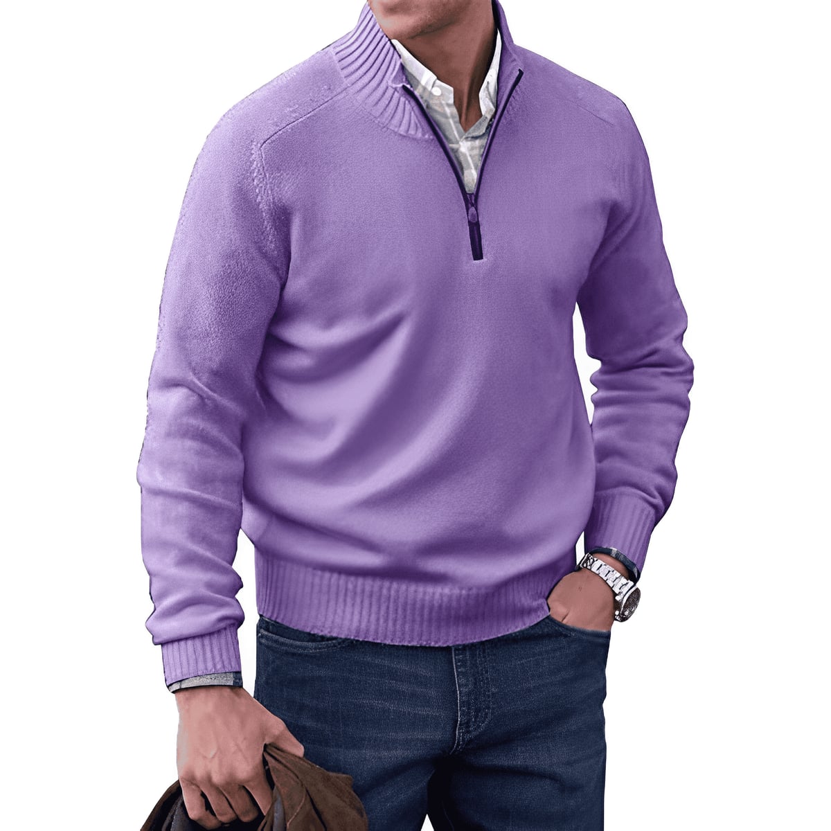 men's half zip sweater in mauve