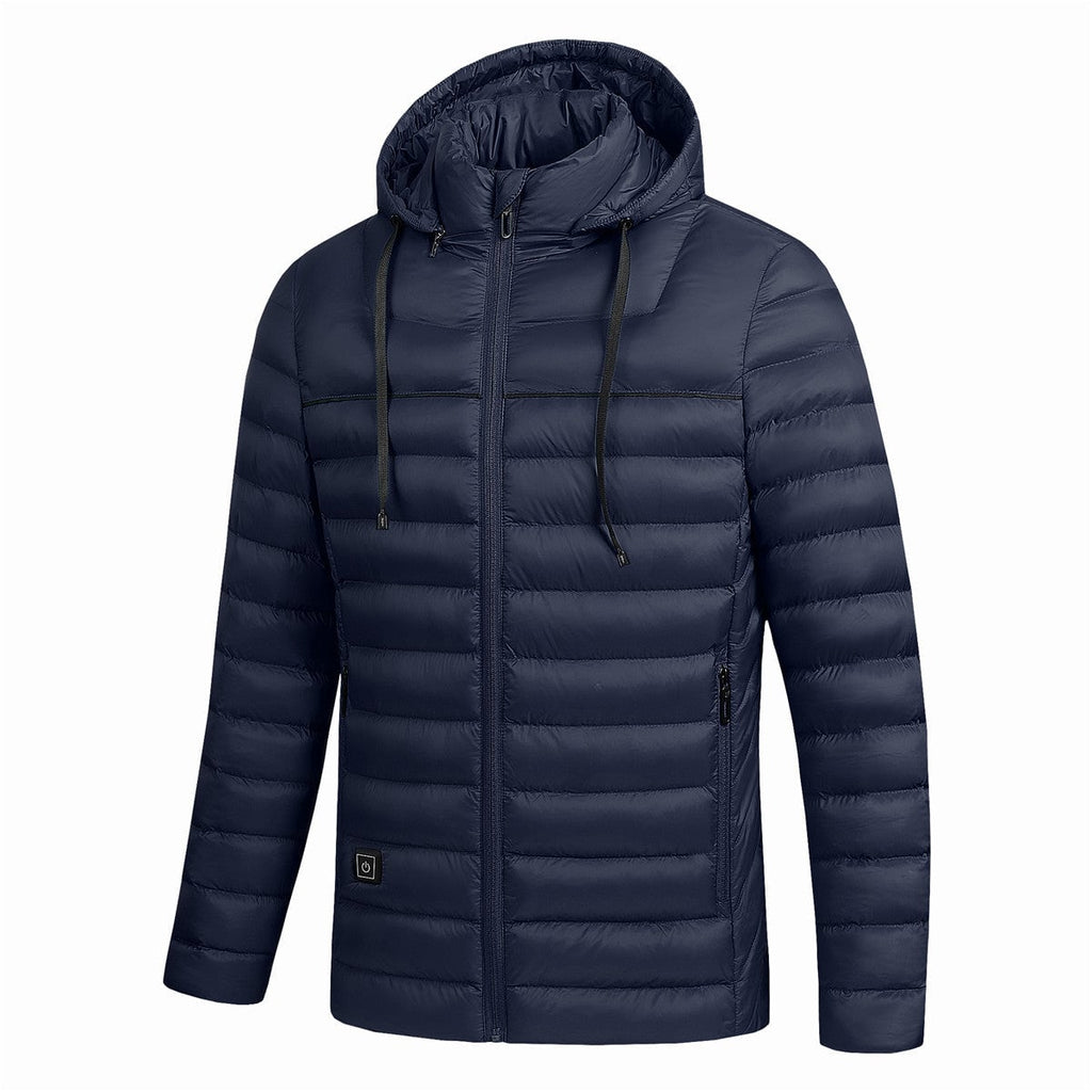 men's heated hooded puffer jacket in dark blue