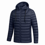 men's heated hooded puffer jacket in dark blue
