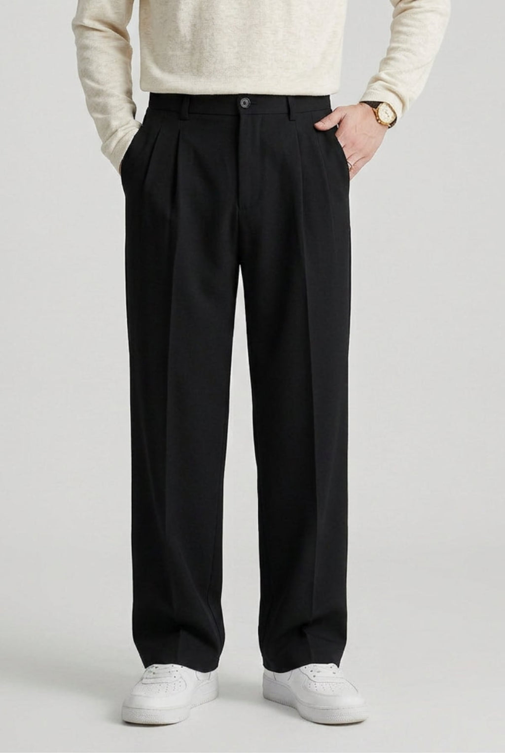 men's high waisted pleated straight leg trousers in black
