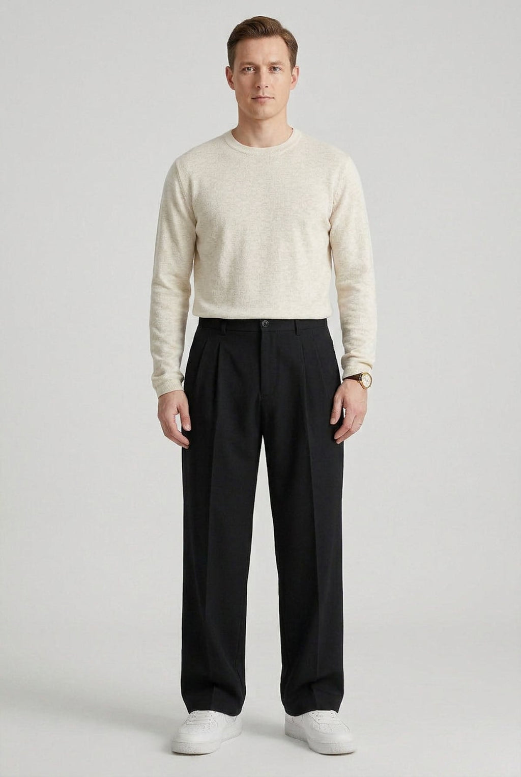 men's high waisted pleated straight leg trousers in black