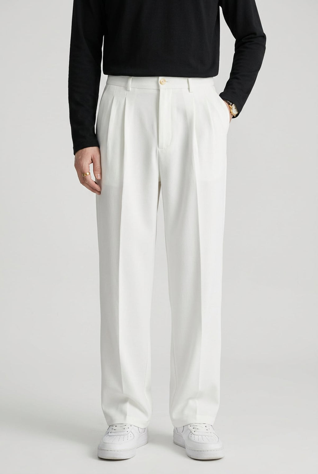men's high waisted pleated straight leg trousers in white