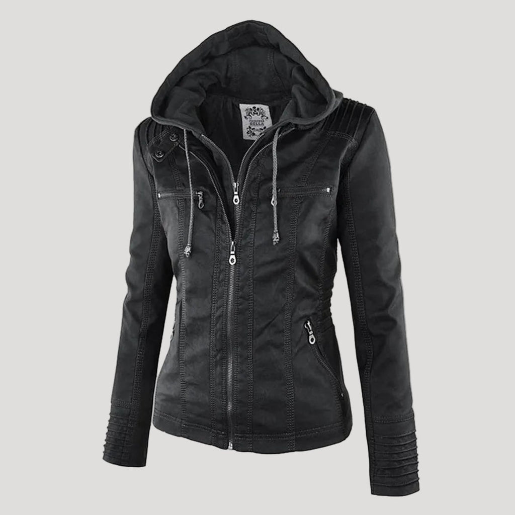 hooded faux biker jacket in black for women