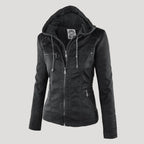 hooded faux biker jacket in black for women