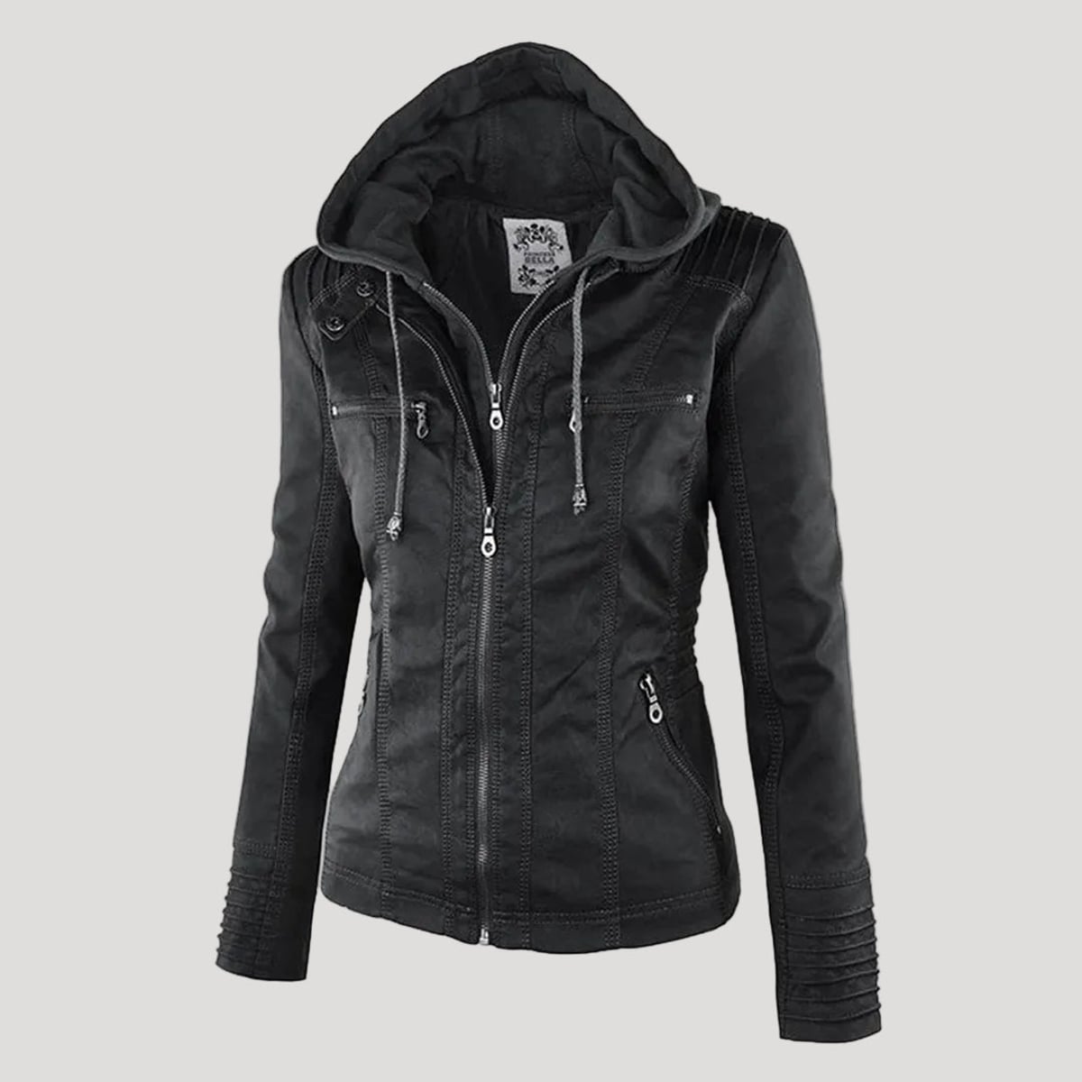hooded faux biker jacket in black for women