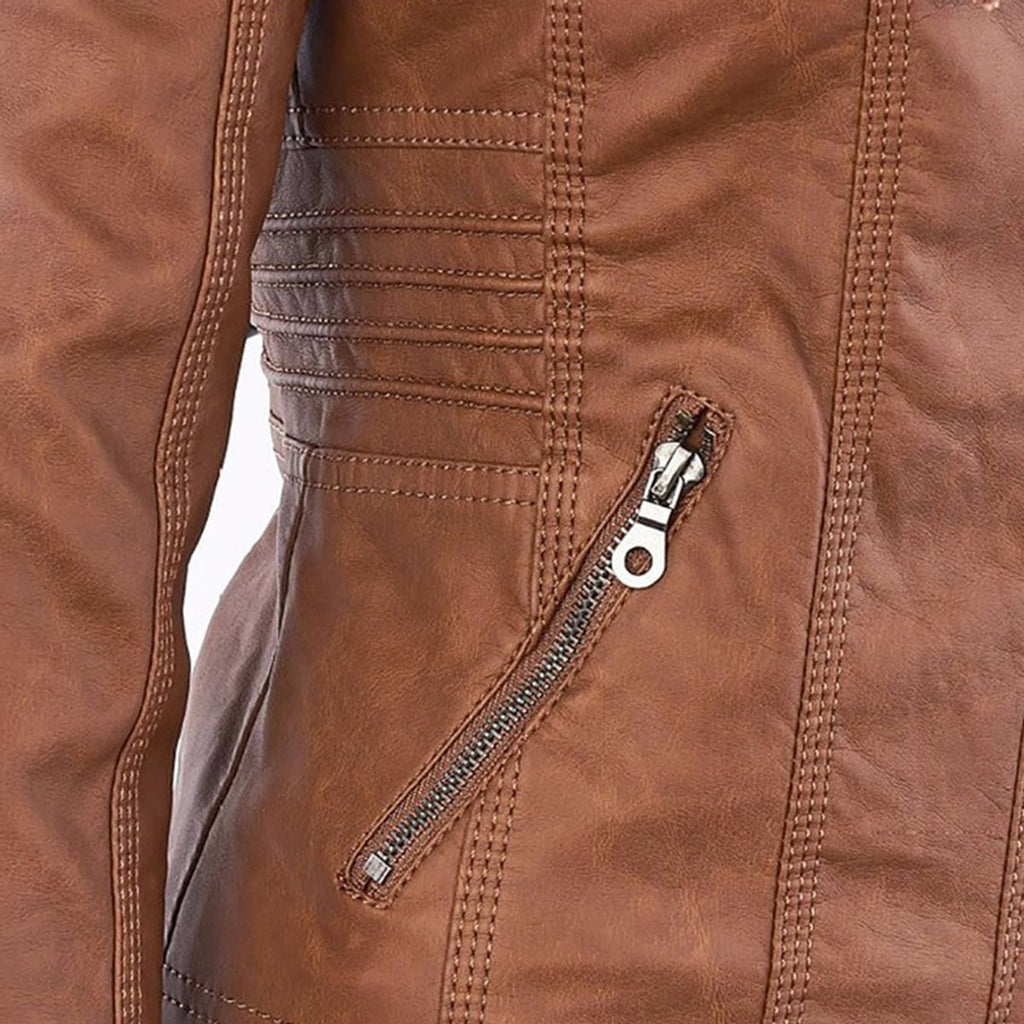 hooded faux biker jacket in khaki for women