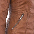 hooded faux biker jacket in khaki for women