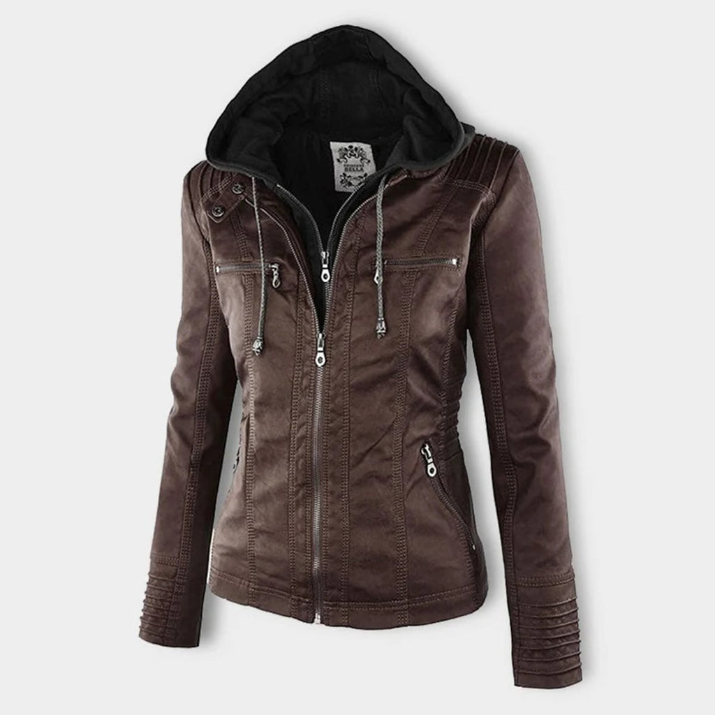 hooded faux biker jacket in brown for women