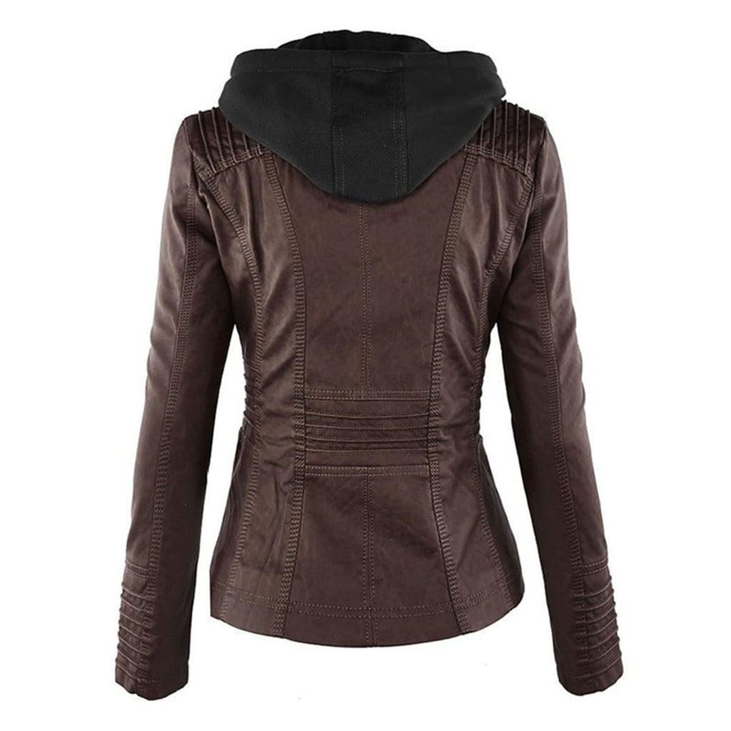 hooded faux biker jacket in brown for women
