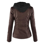 hooded faux biker jacket in brown for women