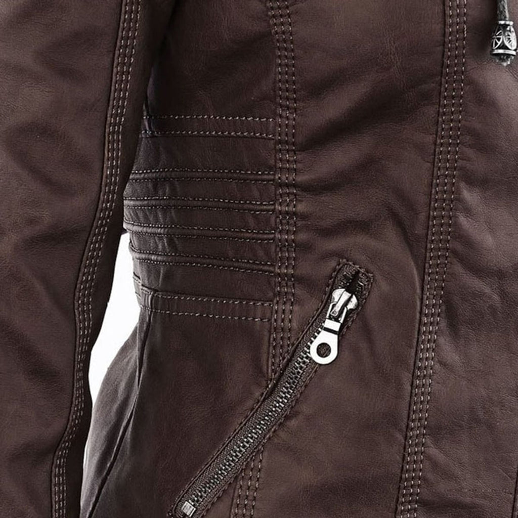 hooded faux biker jacket in brown for women