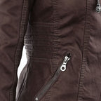 hooded faux biker jacket in brown for women