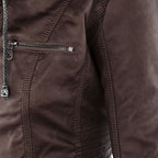 hooded faux biker jacket in brown for women