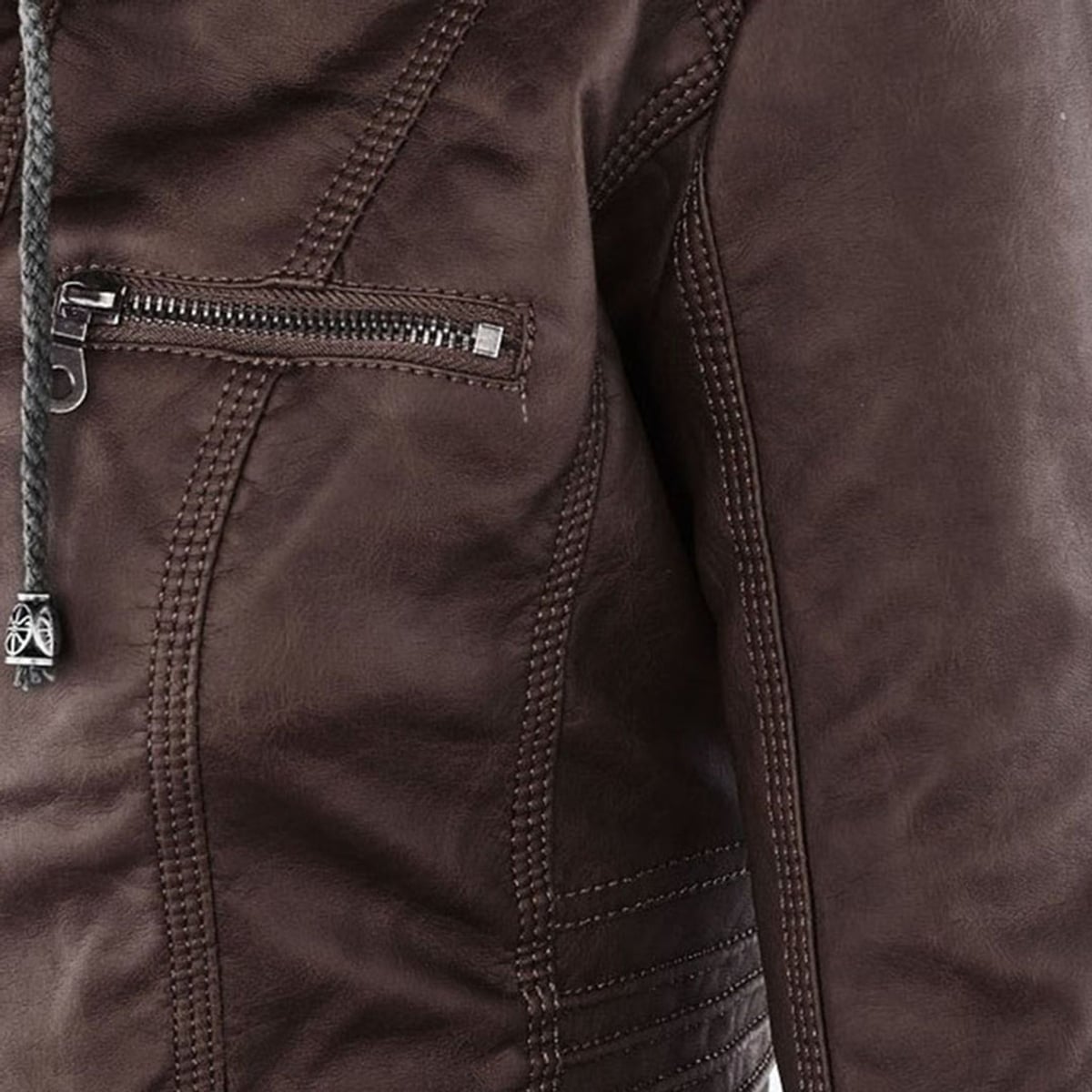 hooded faux biker jacket in brown for women