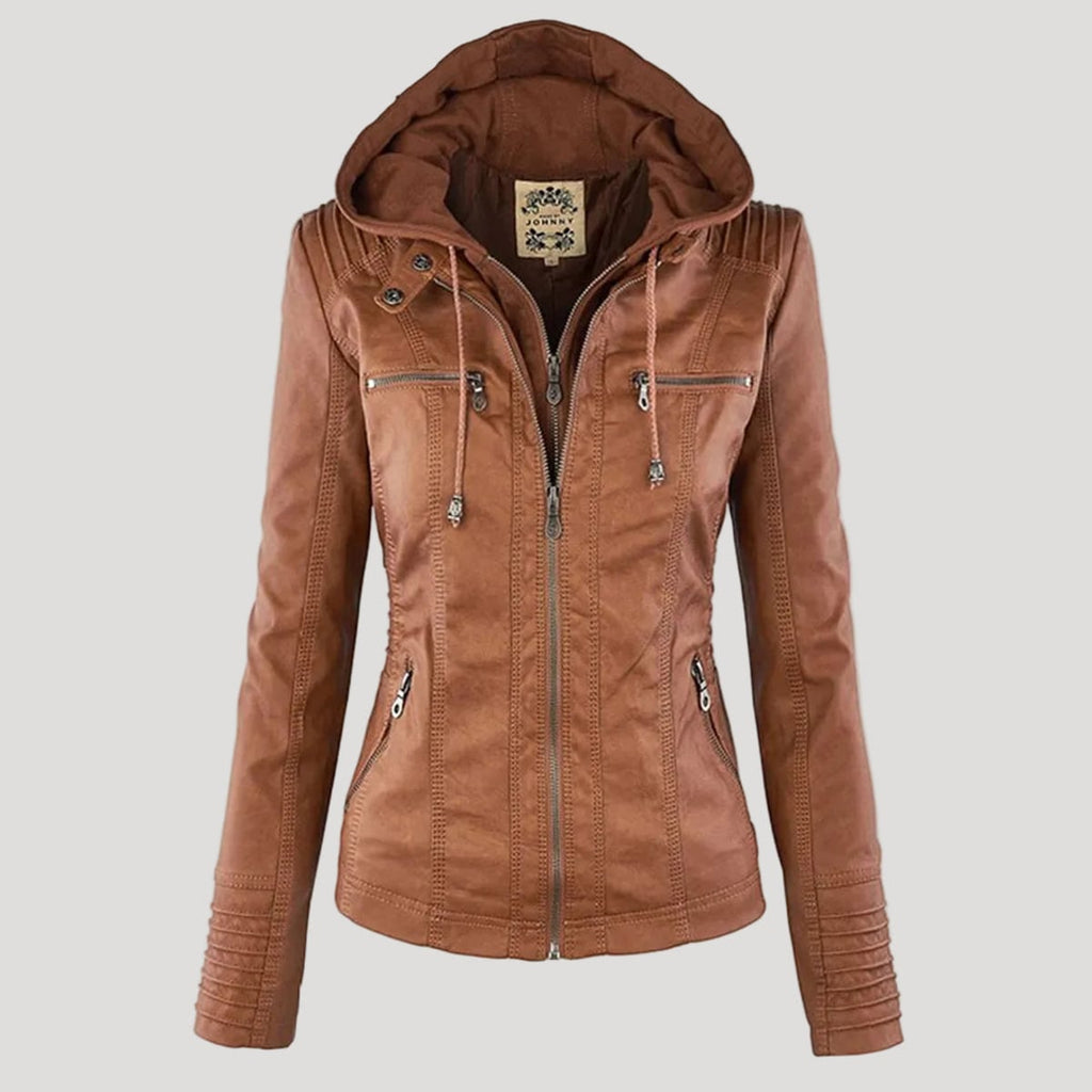 hooded faux biker jacket in khaki for women