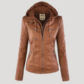 hooded faux biker jacket in khaki for women