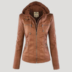 hooded faux biker jacket in khaki for women