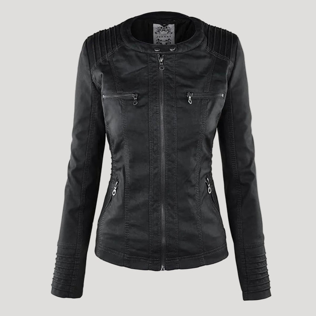 hooded faux biker jacket in black for women