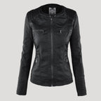 hooded faux biker jacket in black for women
