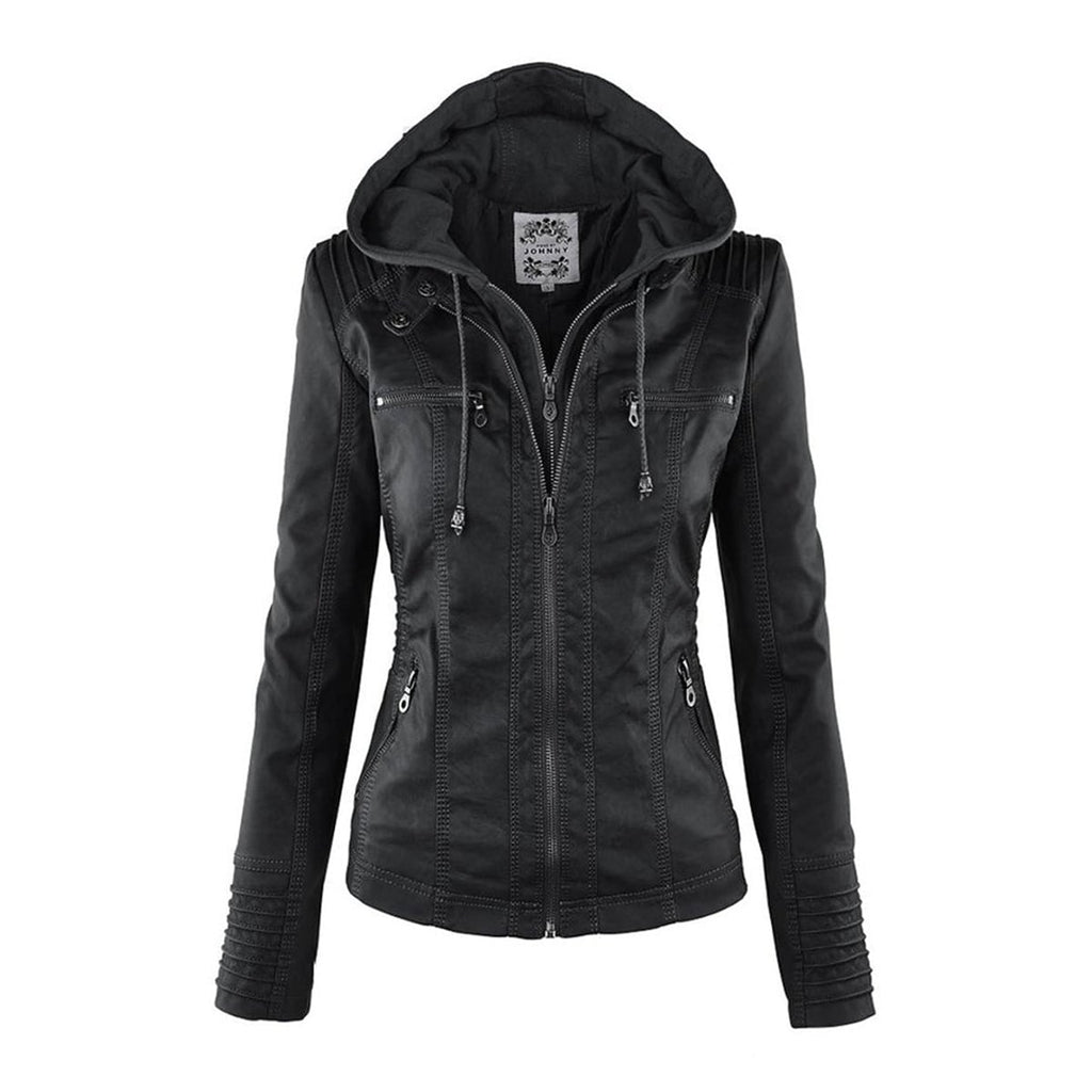 hooded faux biker jacket in black for women