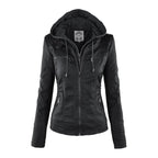 hooded faux biker jacket in black for women