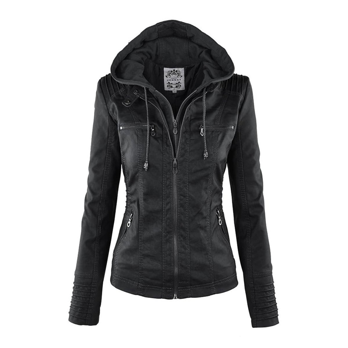 hooded faux biker jacket in black for women