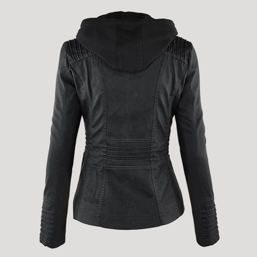hooded faux biker jacket in black for women