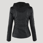 hooded faux biker jacket in black for women