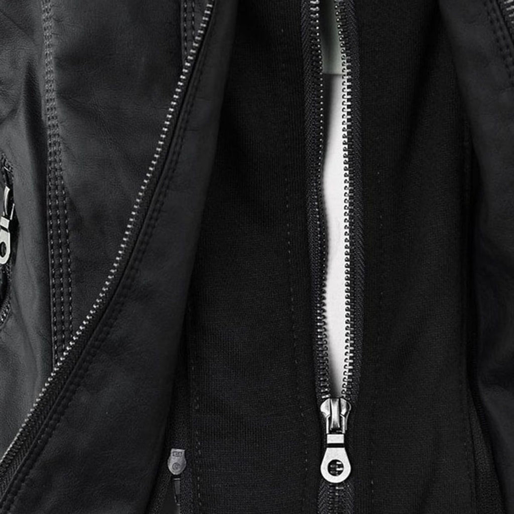 hooded faux biker jacket in black for women