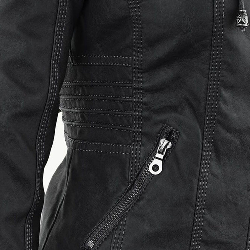 hooded faux biker jacket in black for women