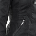 hooded faux biker jacket in black for women