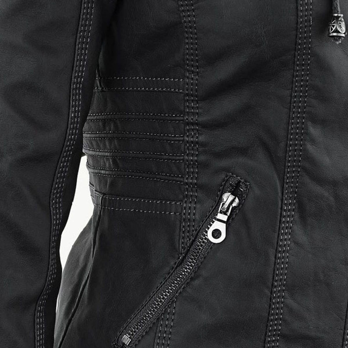 hooded faux biker jacket in black for women