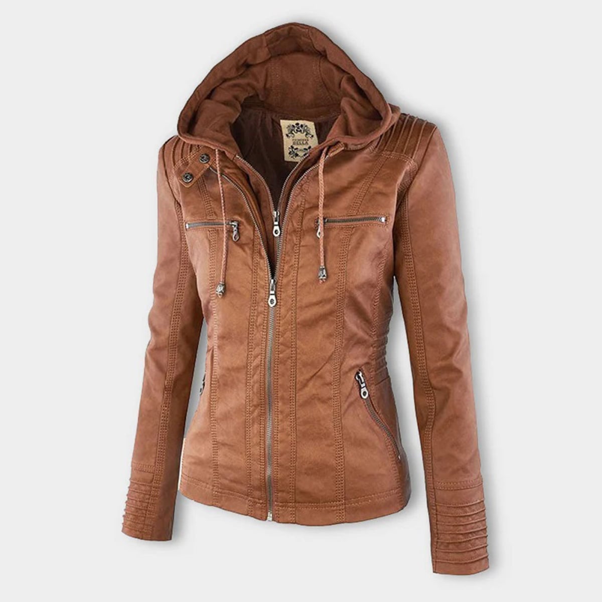 hooded faux biker jacket in khaki for women