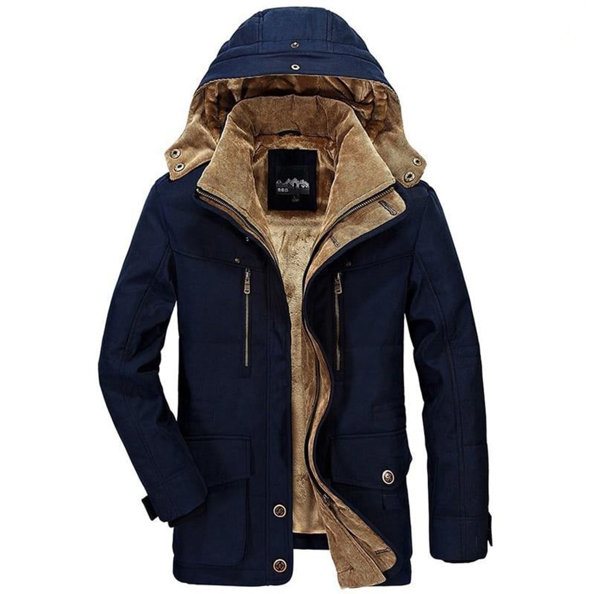 men's hooded faux fur lined winter jacket in navy
