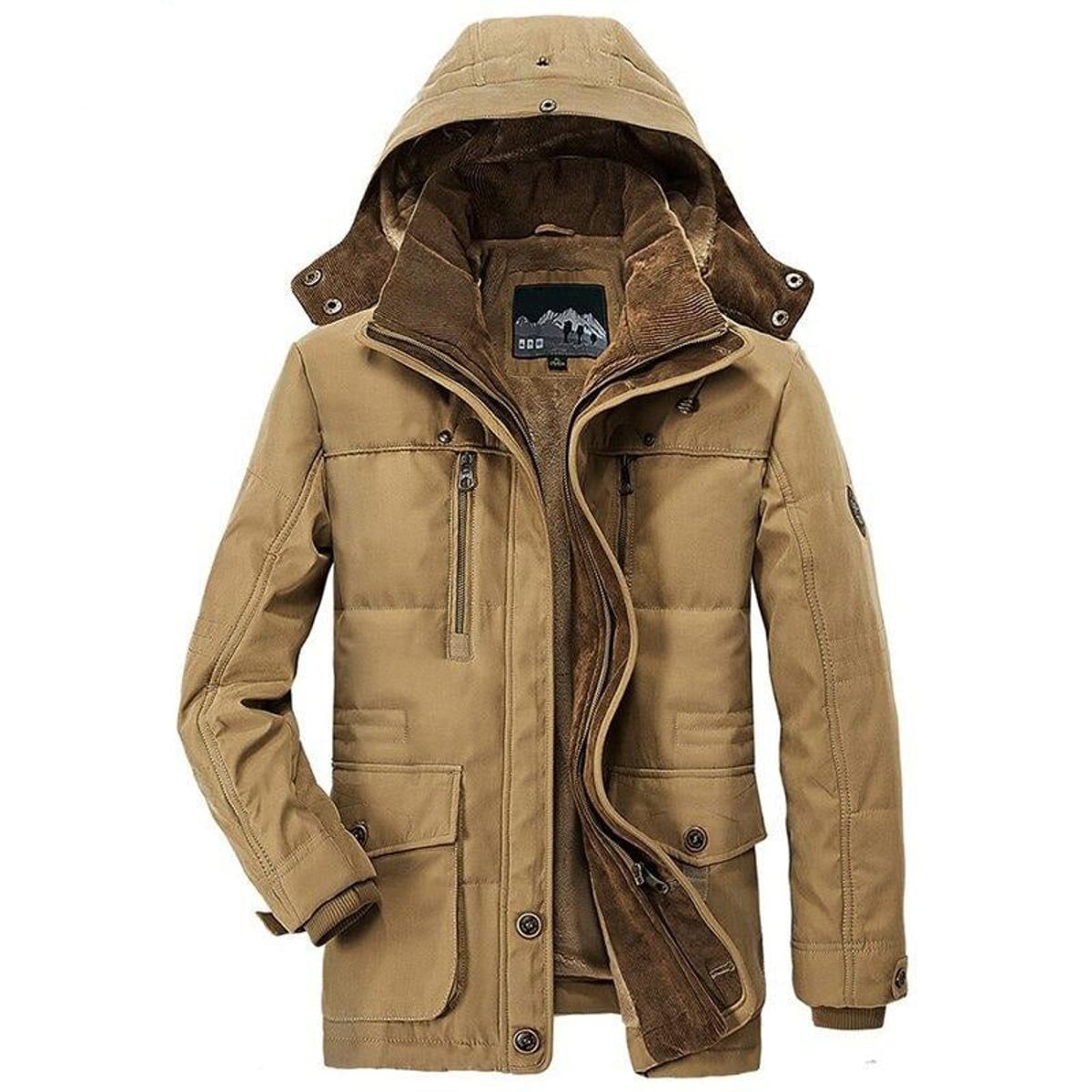 men's hooded faux fur lined winter jacket in beige