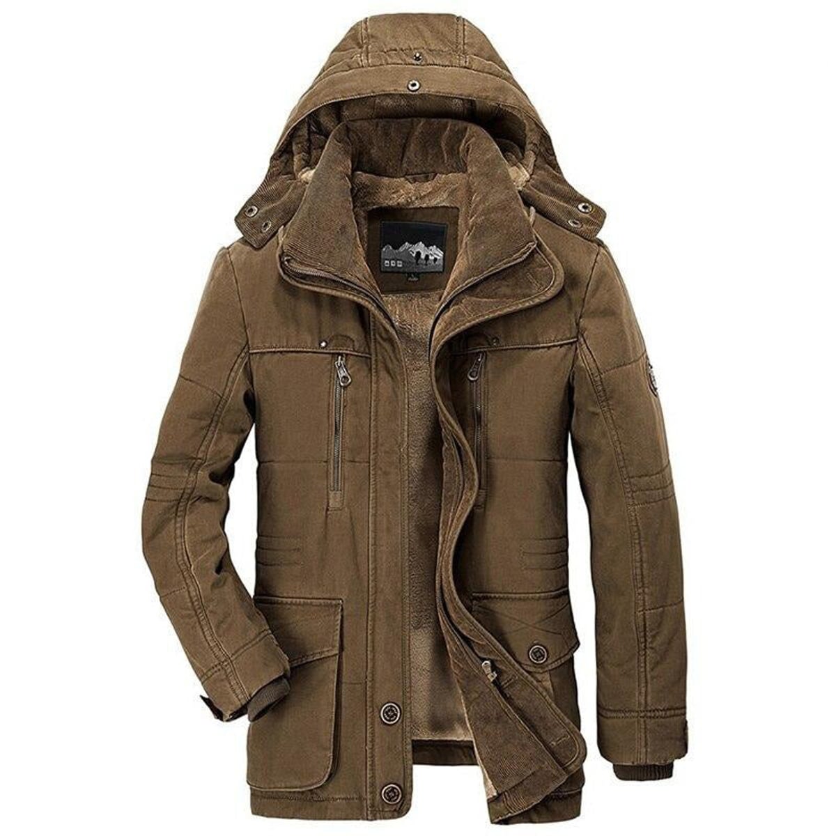 men's hooded faux fur lined winter jacket in brown