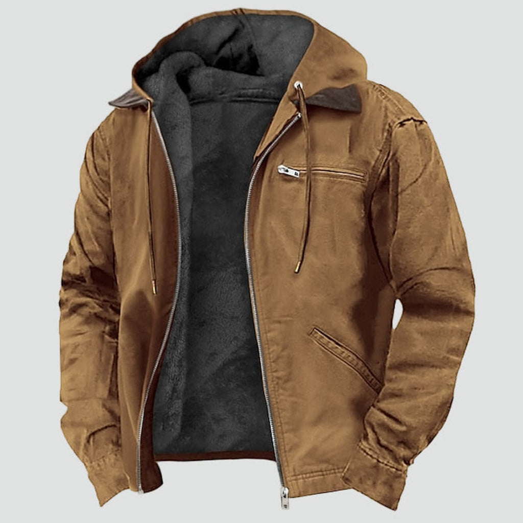 men's hooded fleece-lined zip-up jacket in brown