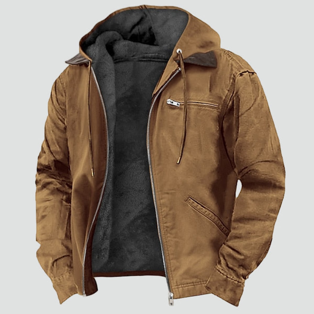 men's hooded fleece-lined zip-up jacket in brown
