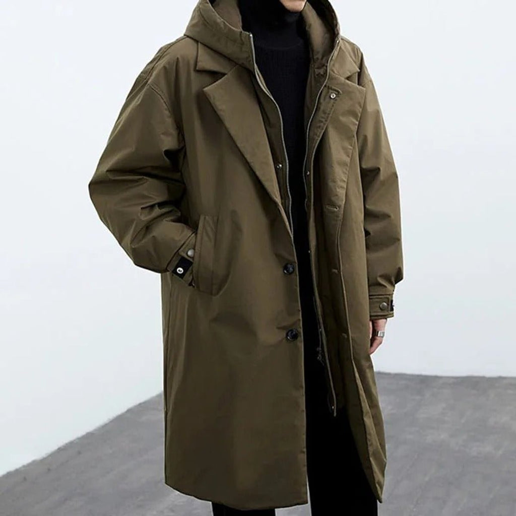 men's hooded longline trench coat in olive green