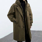 men's hooded longline trench coat in olive green