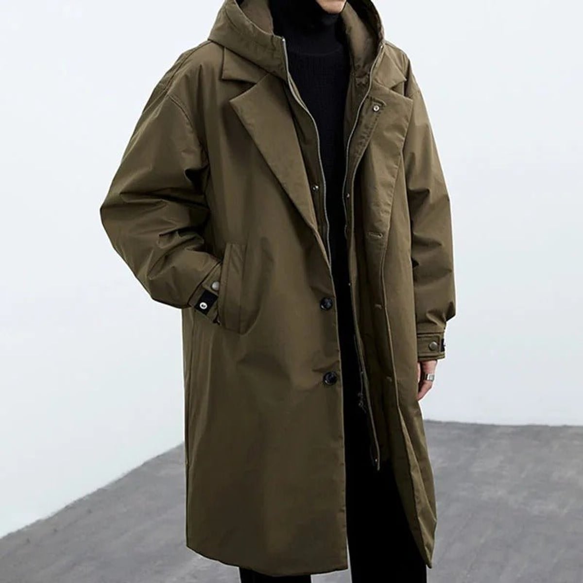 men's hooded longline trench coat in olive green