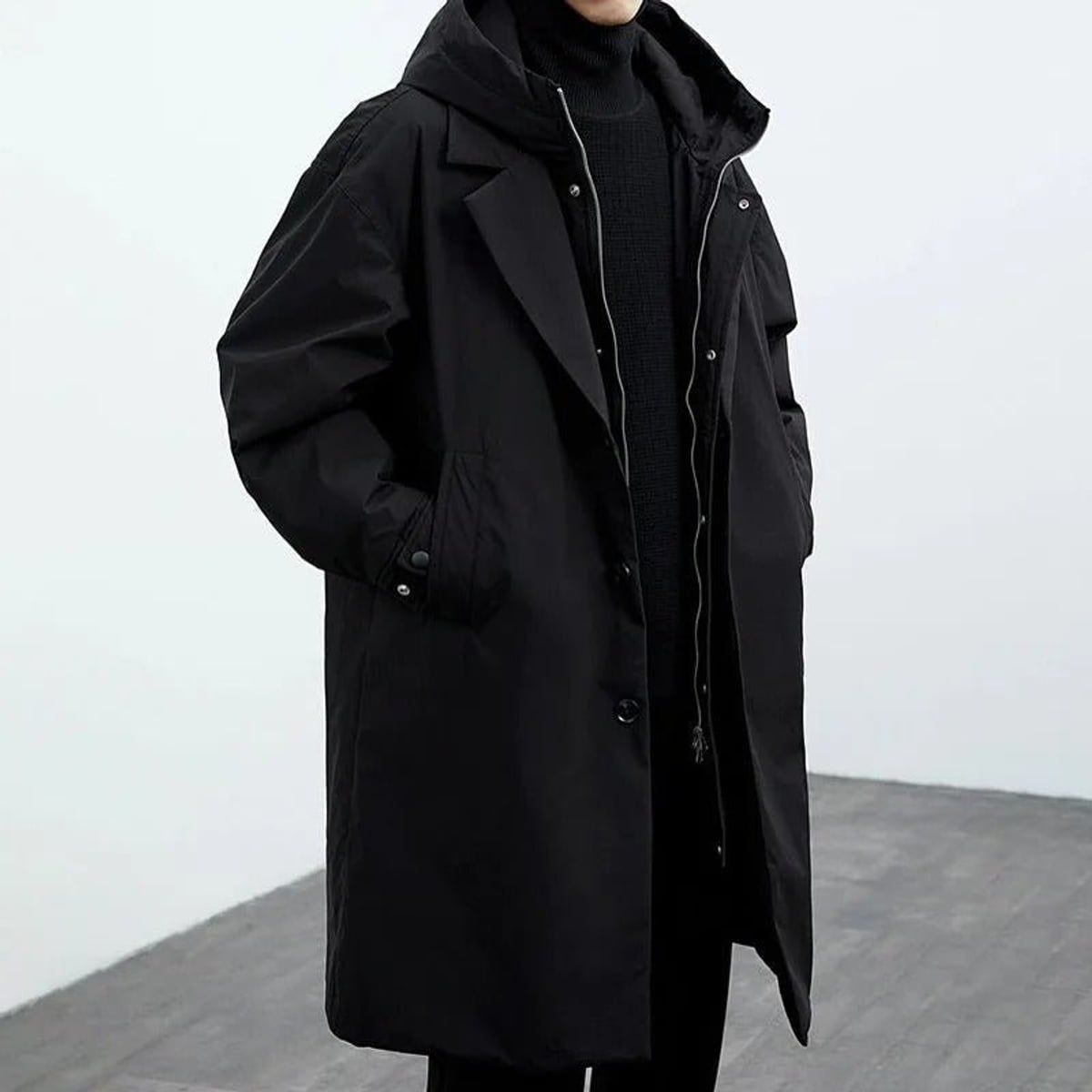 men's hooded longline trench coat in black