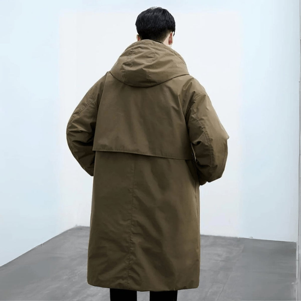 men's hooded longline trench coat in olive green