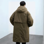 men's hooded longline trench coat in olive green